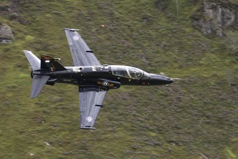 British Hawk jet-powered advanced trainer aircraft flying in the air Stock Photos