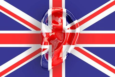 British intelligence concept, ear on the UK flag. 3D rendering British int... Stock Photos