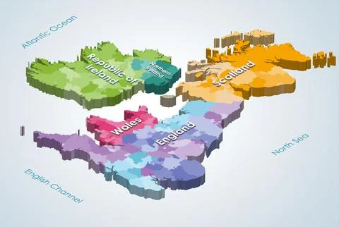 British Isles 3d (isometric) map colored by countries and subdivisions Illustrazione stock