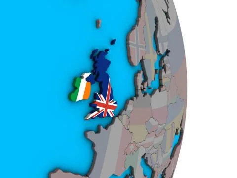 British Isles with flags on 3D globe Stock Illustration