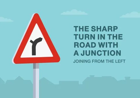 British "junction on a bend from left" road sign meaning. Close-up view. Stock Illustration