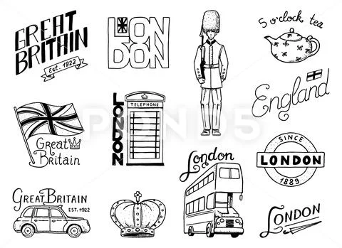 British Logo, Crown And Queen, Teapot With Tea, Bus And Royal Guard, London And