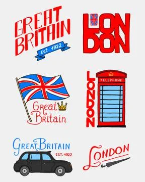 British logo, symbols, badges or stamps, emblems, architectural landmarks, flag Stock Illustration
