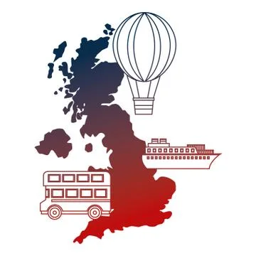British map double deck bus ship and hot air balloon Ilustración de archivo