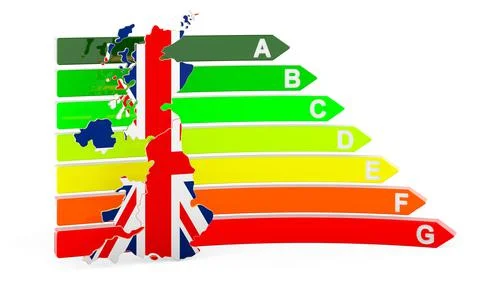 British map with energy efficiency rating, 3D rendering Stock Illustration