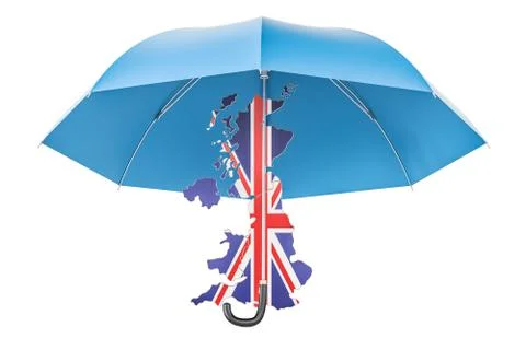 British map under umbrella. Security and protect or insurance concept, 3D ren Stock Illustration
