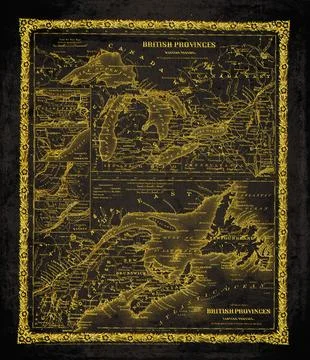 British Provinces Western and Eastern Portions Black And Gold Historical Map Stock Illustration