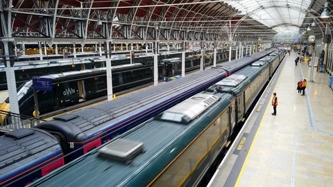A British Rail Class 800 Train departs from Paddington Station in London, UK Stock Footage 104009350