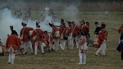 British Redcoat muskets fire in the midst of battle. Stock Footage 80270500