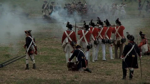 British Redcoat muskets fire in the midst of battle. Stock Footage 80270541