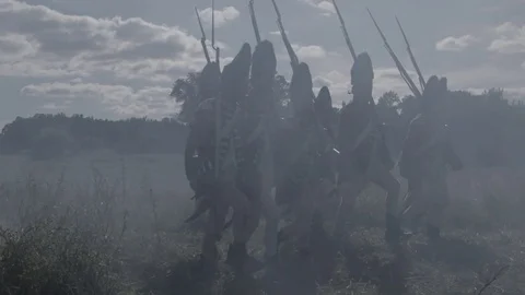 British Redcoats march through explosions in battle. Video stock 80266427