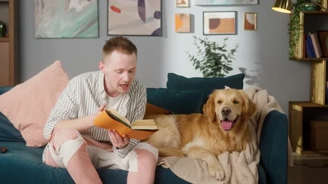 British redhead young man reading book to his retriever dog, sitting on sofa Stock Footage 153089844