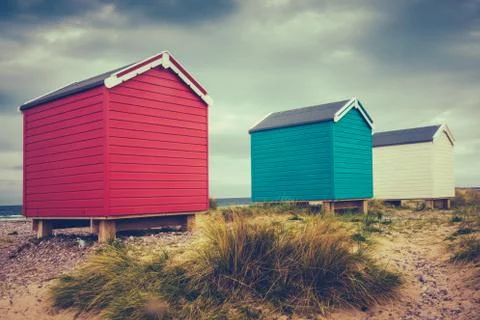 British Retro Beach Huts Stock Photos