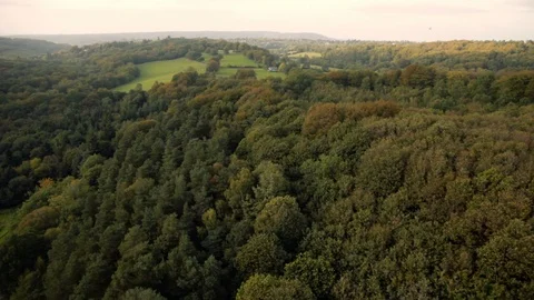 British rolling fields and forests in summer at dusk aerial view v3 Stock Footage 118264396