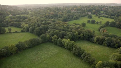 British rolling fields and forests in summer at dusk aerial view Stock Footage 118264765