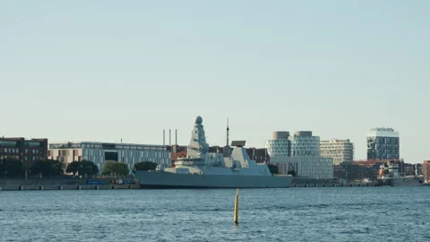 British Royal Navy Type 45 destroyer warship moored at Copenhagen port quay Stock Footage 345591024