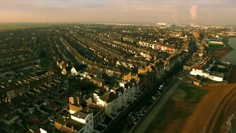 British Seaside Town Rooftops at Sunrise Aerial Drone Shot Stock Footage 196090212