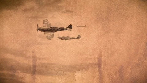 British Spitfires fly through a sunset sky in this vinage paper textured motion 動画素材 78937541