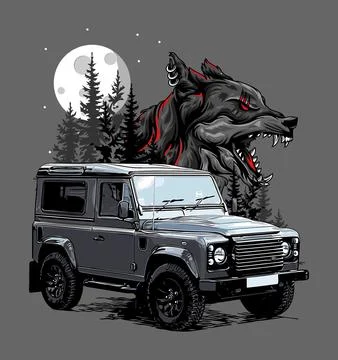 British suv car with wolf background Stock Illustration