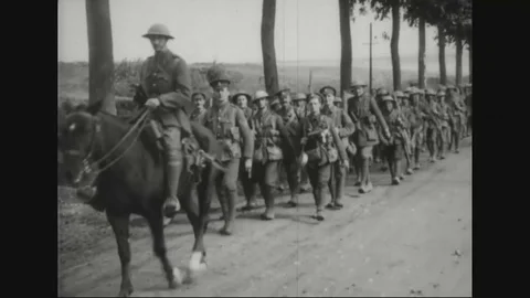 British troops marching through the street - 1918 Stock Footage 83658051