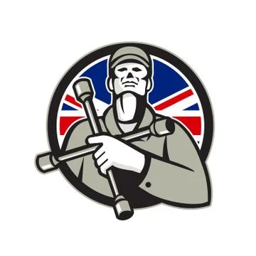 British Tyre Technician Lug Wrench Union Jack Flag Circle Icon Stock Illustration
