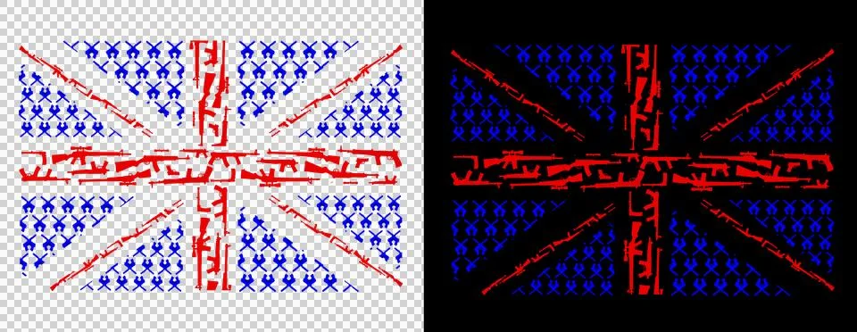 British Union Jack flag created with gun silhouettes on transparent background イラスト素材