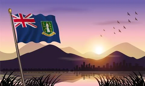 British Virgin Islands flag flying against a beautiful sunrise sky. Stock Illustration