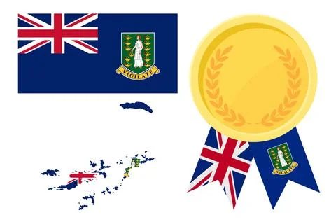 British Virgin Islands flag with map and gold medal in set for web and bann.. Stock Illustration