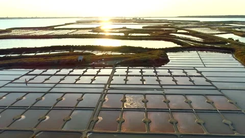 Brittany aerial salt fields sundown Guerande Stock Footage 260825637