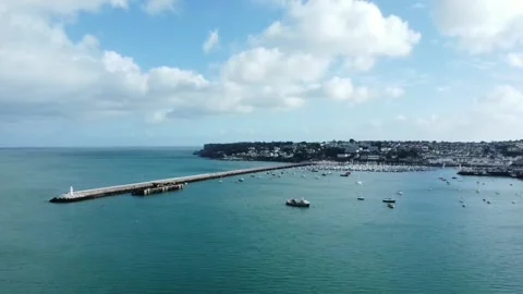 Brixham, Devon, England: Drone View: The outer harbour and harbour wall Stock Footage 222197565