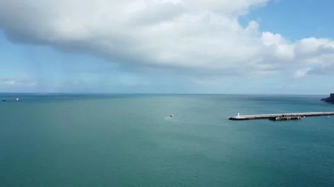 Brixham, Devon, England: Drone View: The outer harbour and harbour wall Stock Footage 222198079