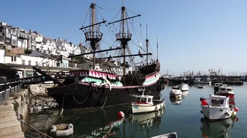 Brixham Devon England. Replica of the Golden Hind sailing boat Stock Footage 133371290