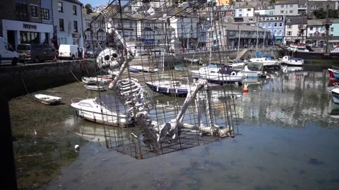 Brixham Devon England. Skeleton in a cage in harbour Stock Footage 133371989