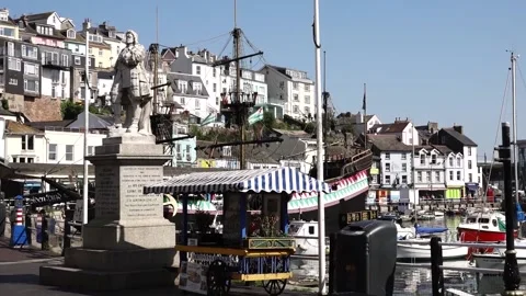 Brixham England Statue of William of orange on harbour Stock Footage 133371052