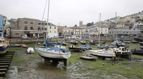 Brixham harbour Devon England at low tide Stock Footage 29043213