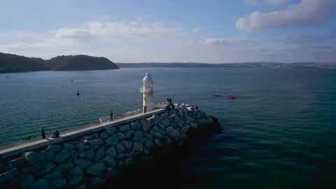 Brixham Harbour Lighthouse from a drone, Brixam, Devon, England Video stock 163215723