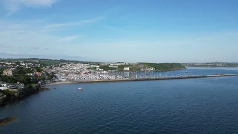Brixham, South Devon, England: DRONE AERIAL VIEWS: The Outer Harbour and boats Stock Footage 241443719