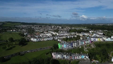 Brixham, South Devon, England: DRONE VIEWS: Pastel-coloured Victorian houses (4) Stock Footage 265004374