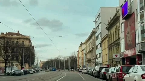 Brno time laps from the front side of a moving car. European street. Stock Footage 265767572