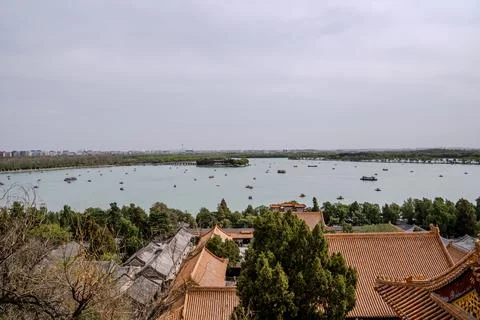 Broad lake panorama seen from elevated Beijing viewpoint Stock Photos