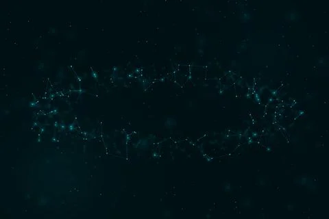 A broad oval ring made from connected turquoise particles glows softly in d.. Illustrazione stock
