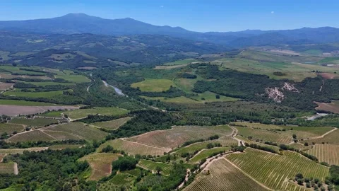 Broad Panoramic View of Sunlit Tuscan Valleys and River Basin Stock-Footage 345863290