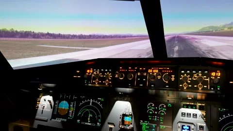 A broad perspective of the flight deck of an Airbus A320 looking out of the Stock Footage 314483682