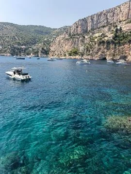 Broad view of Cap d'Ail turquoise bay under pine branch frame Photos