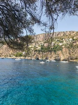 Broad view of Cap d'Ail turquoise bay under pine branch frame Фото