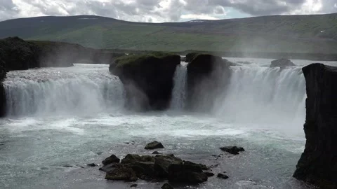 Broad water fall falling down from cliffs 5 Stock Footage 136891021