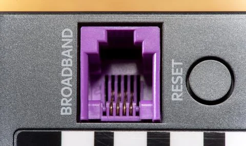 Broadband internet connection cable input socket, port on a network device Foto stock