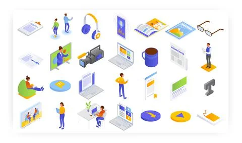 Broadcast and print journalism, vector isometric icon set. Radio and television Stock Illustration