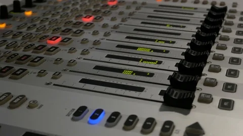 Broadcast audio mixer, Soundboard knobs. sound engineer presses the keys, 動画素材 121504390