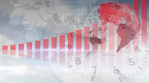 On broadcast cue, red globe rotating and brightening, bars growing into chart to Stock Footage 329115769